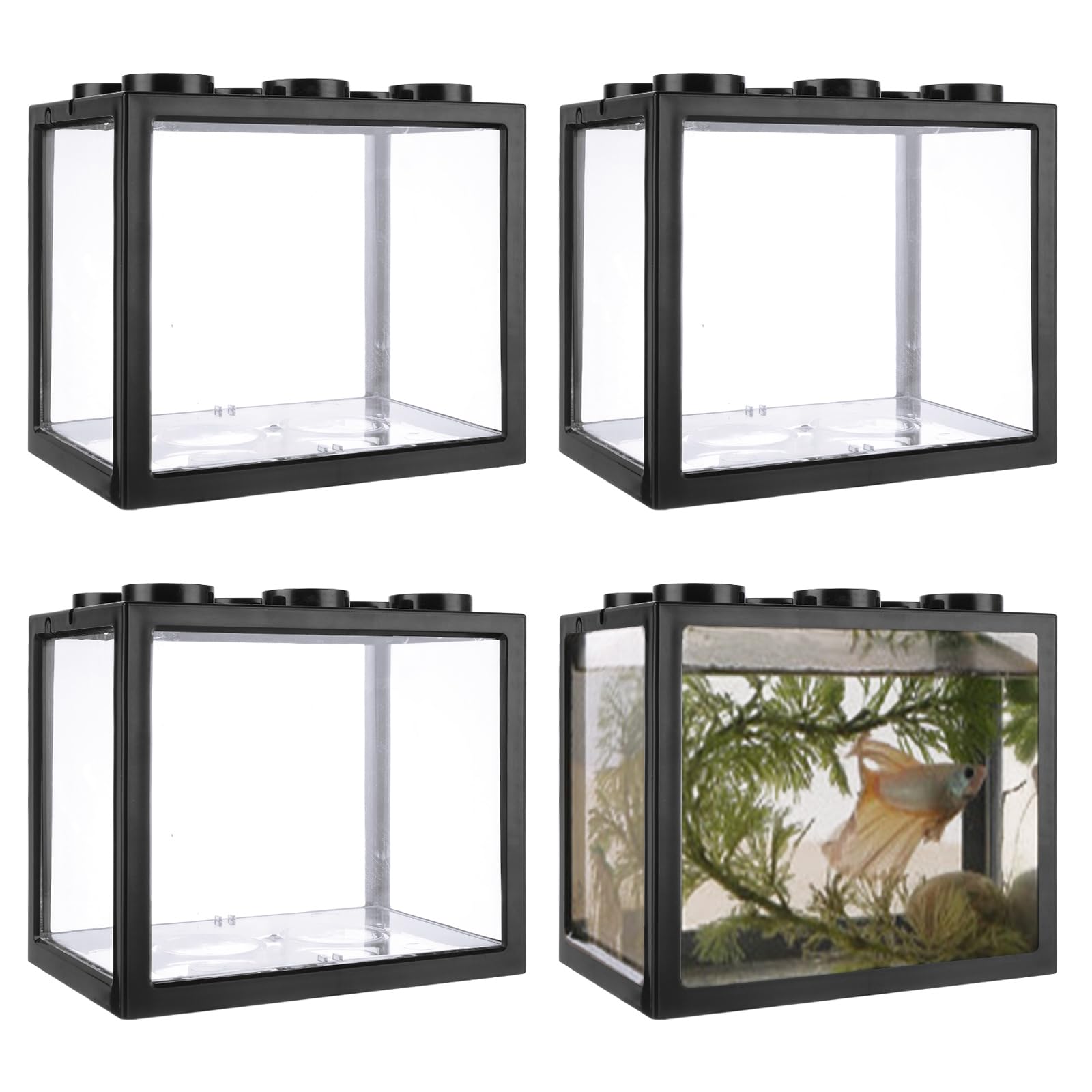 Loyorty 4Pcs Plastic Small Betta Fish Tank, 0.6 Gallon Stackable Fish Bowl, Cube Fish Aquarium Tank For Shrimp, Turtle, Small Cr