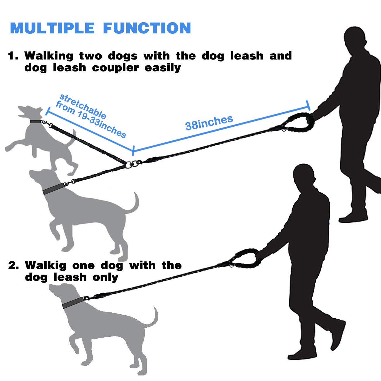 Tobedri Comfortable Dual Dog Leash Tangle Free With Shock Absorbing Bungee Reflective 2 Dog Leashes For Large Medium Small Dogs