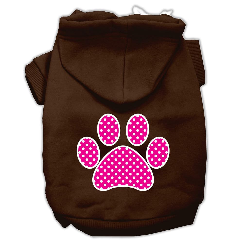 Pet Dog & Cat Hoodie Screen Printed, 'Pink Swiss Dots Paw' Brown Xs (0-3 Lbs.)