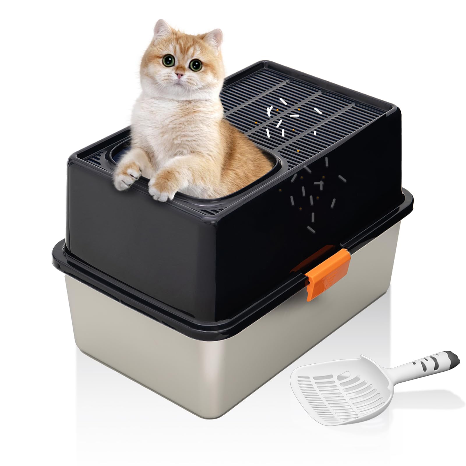 Meexpaws Stainless Steel Cat Litter Box Top Entry Xl Large With Lid, 8'' High Side Metal Cat Litter Box For Big Cats, Top Cover 