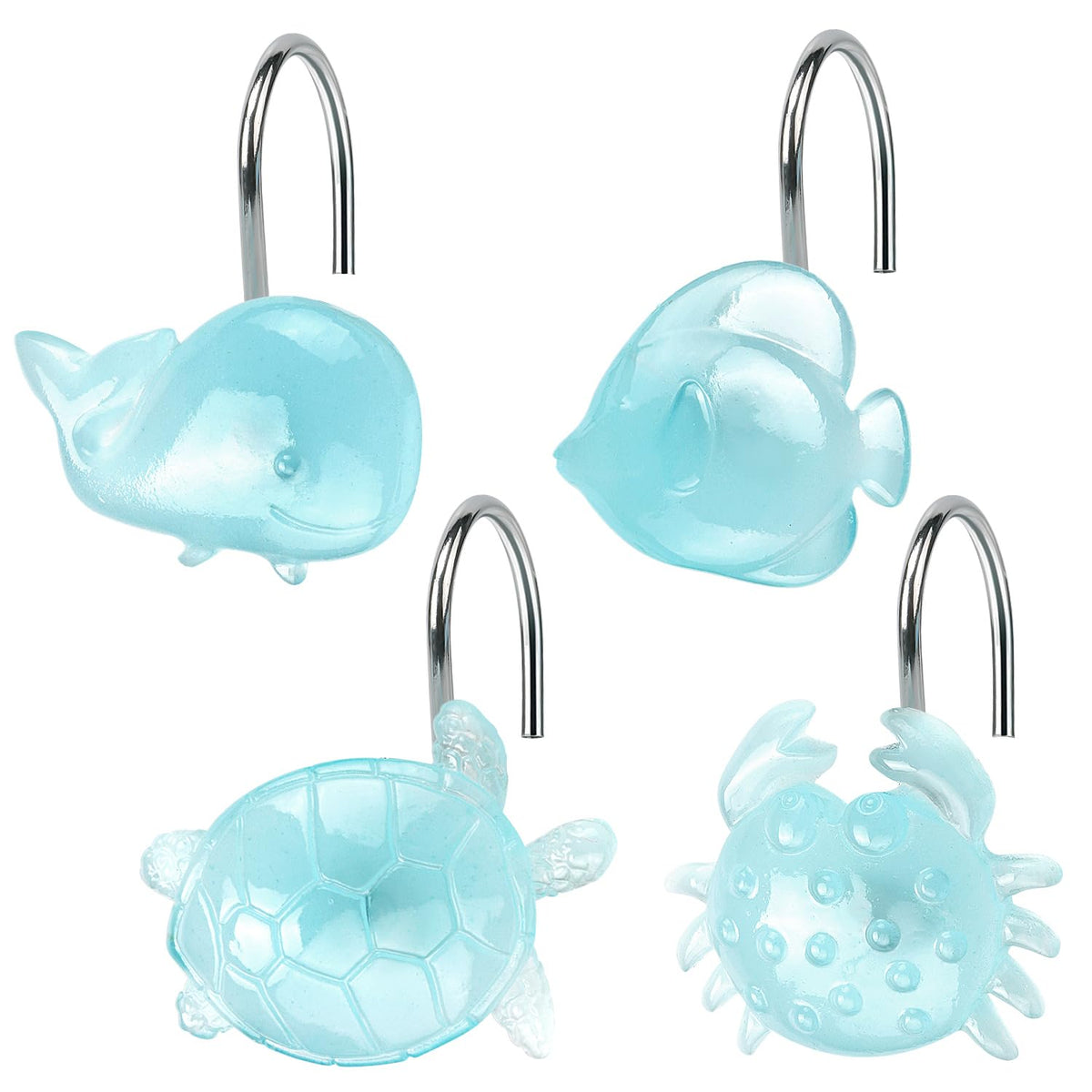 Decorative Sea Life Shower Curtain Hooks, Funny Ocean Animal Collection Cute Bathroom Décor For Kids, Glow In The Dark, Crab, Sea Turtle, Whale, And Clown Fish, Blue