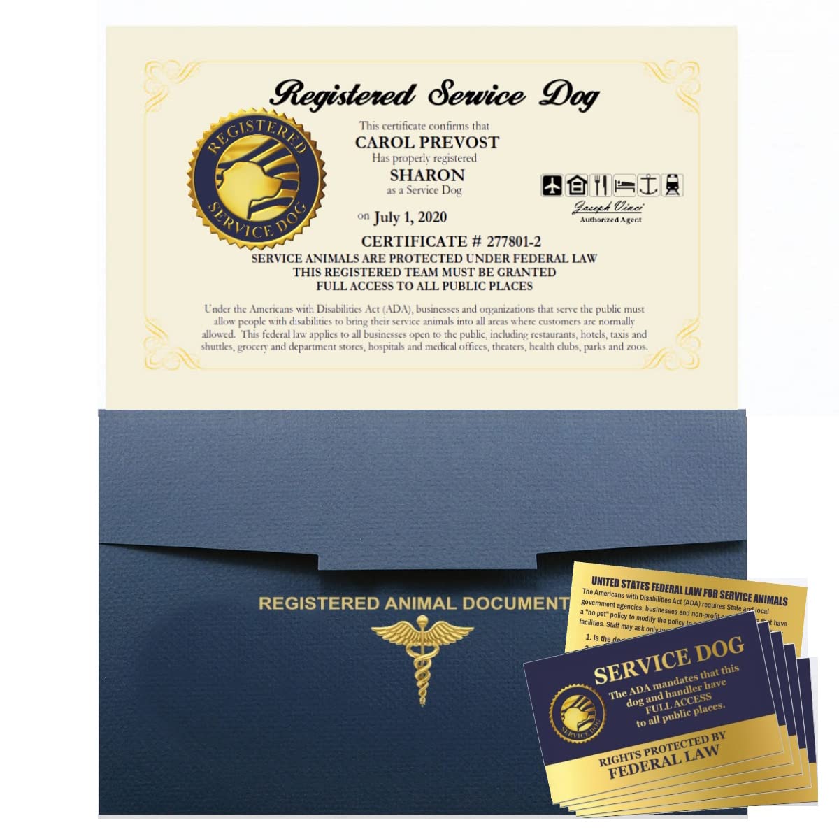Official Registered Service Dog Certificate – Customized Certificate – Duplicate Copy - Registered Animal Documents Certificate Folder – Five Service Dog Law Handout Cards