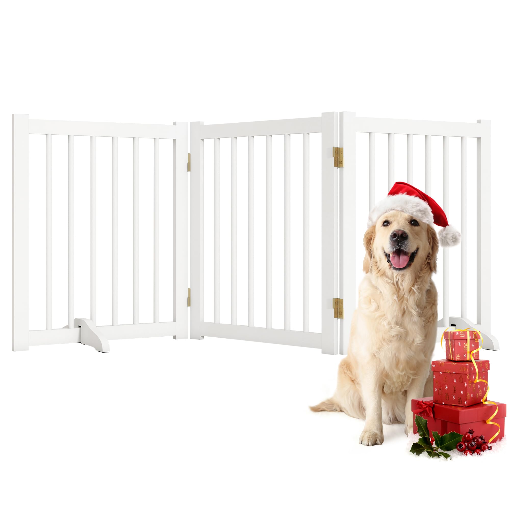 Solid Wood Freestanding Pet Gate - 3 Panels 24 - Folding Safety Fence with 2 Support Feet - Ideal for Stairs, Doorways, Halls, K