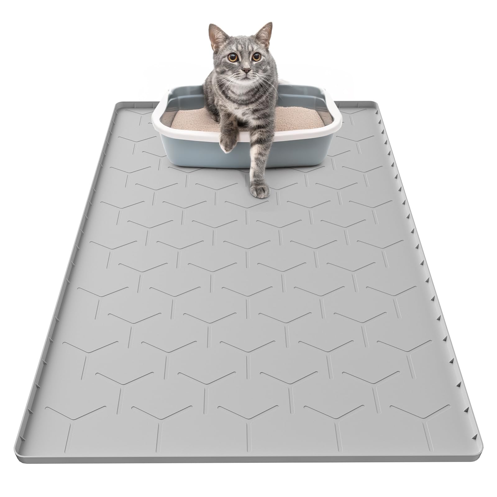 Garoopion Cat Mat For Litter Box, Large 34'' X 22'' Cat Litter Mat, Waterproof Silicone Pad For Floor, Gray