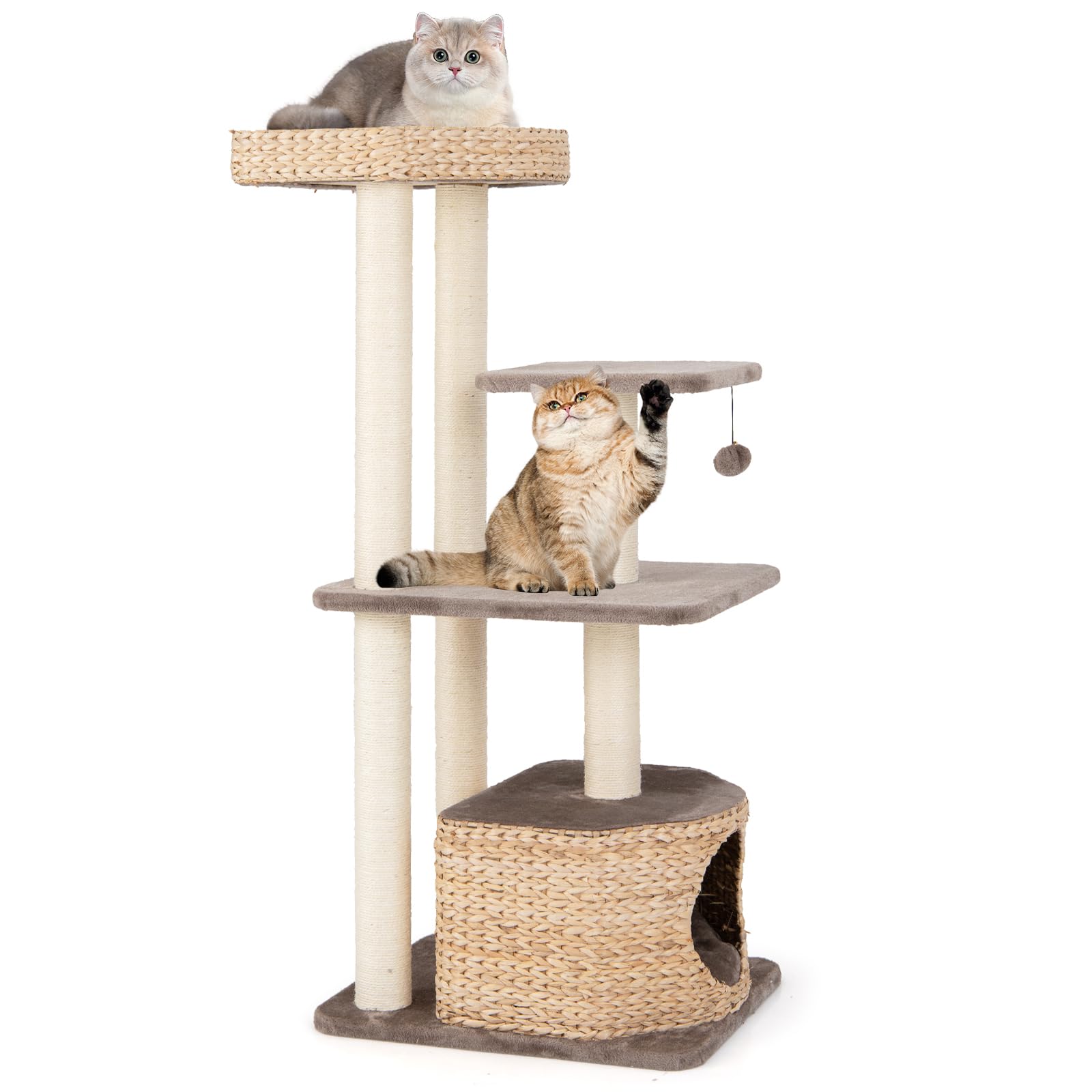 PETSITE 52 inch Cattail Cat Tree, Multi-Level Cat Tower with Scratching Posts, Cat Condo, Top Perch, Hanging Jingling Ball and S