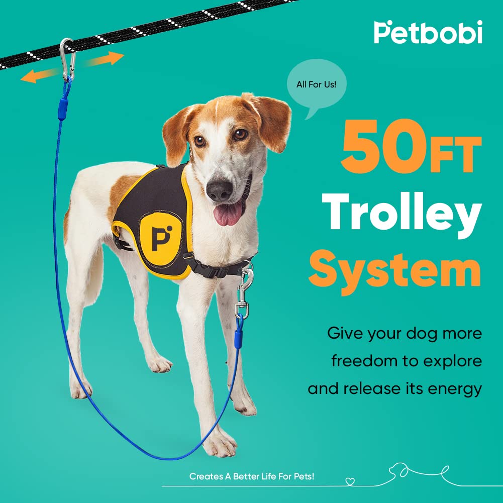 Petbobi Dog Runner For Yard 50Ft, Dog Tie Out Cable For Camping With 10Ft Dog Run Wire Cable, Portable Reflective Dog Lead Line With 360° Tangle Free &Heavy-Duty Clasp For Yard, Park, Black