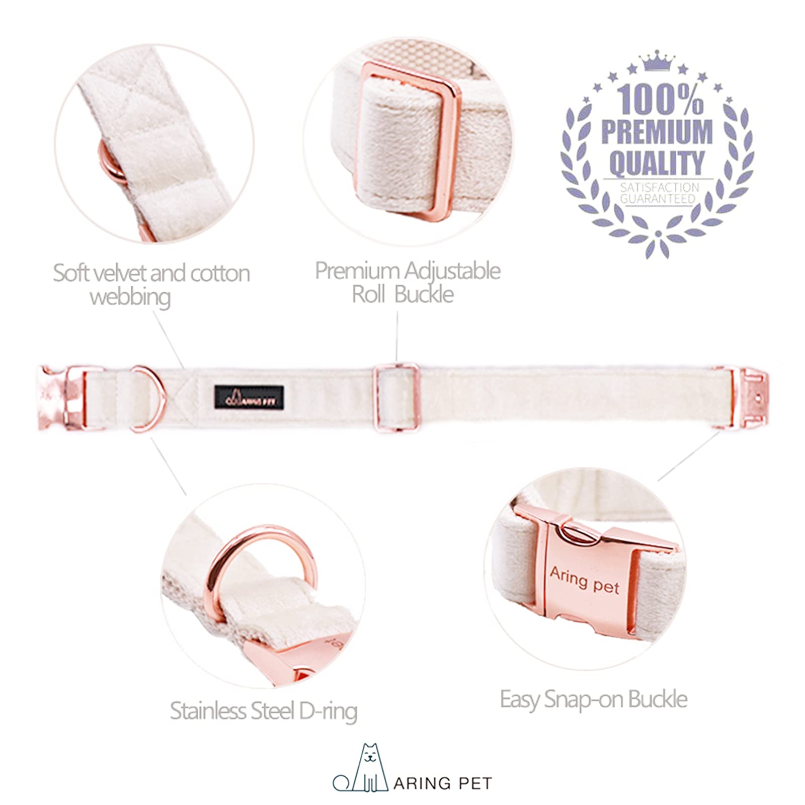 Aring Pet Dog Collar And Leash Set, Soft White Velvet Dog Collar And Leash, Adjustable Collars For Dogs
