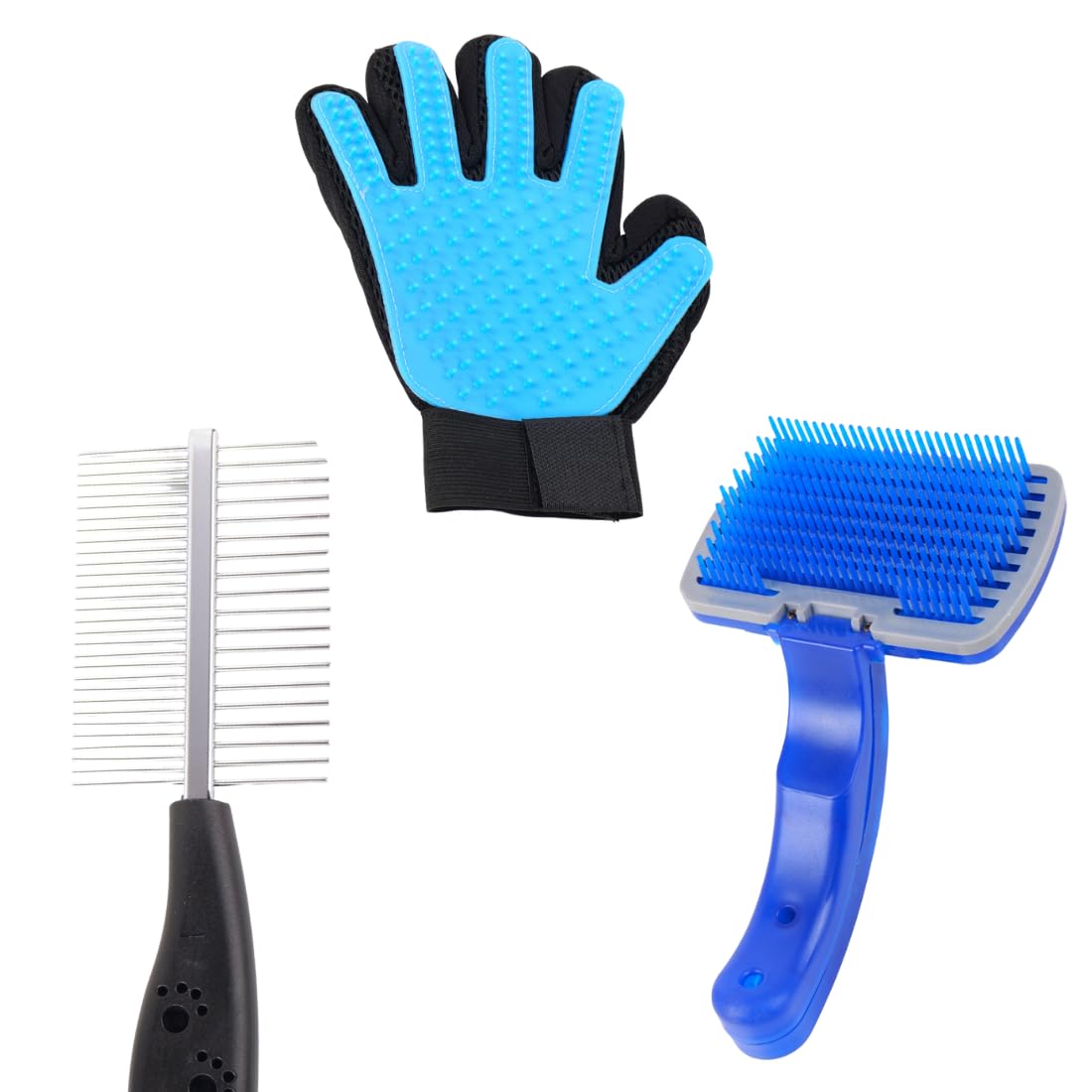 Pet Grooming Set with SelfCleaning Slicker Brush and Deshedding Glove, Blue and Black, Professional Dog Cat Hair Removal Tools(