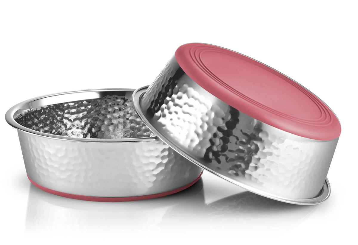 Urbuddies 2 Pack Hammered Stainless Steel Dog Bowls, 11 Cup, Red Bottom