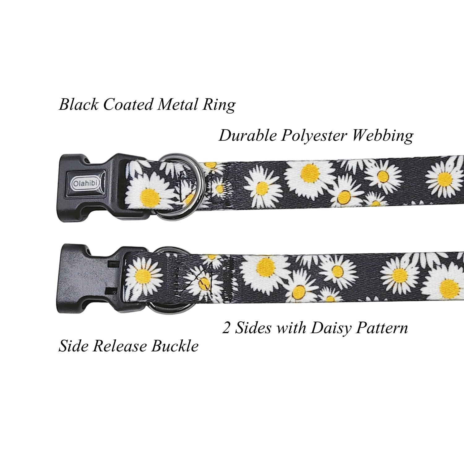Olahibi Dog Collar And Leash Set, Cute Daisy Pattern, Polyester Material, 5Ft Leash, For Small Dogs.(Small,Black Daisy)