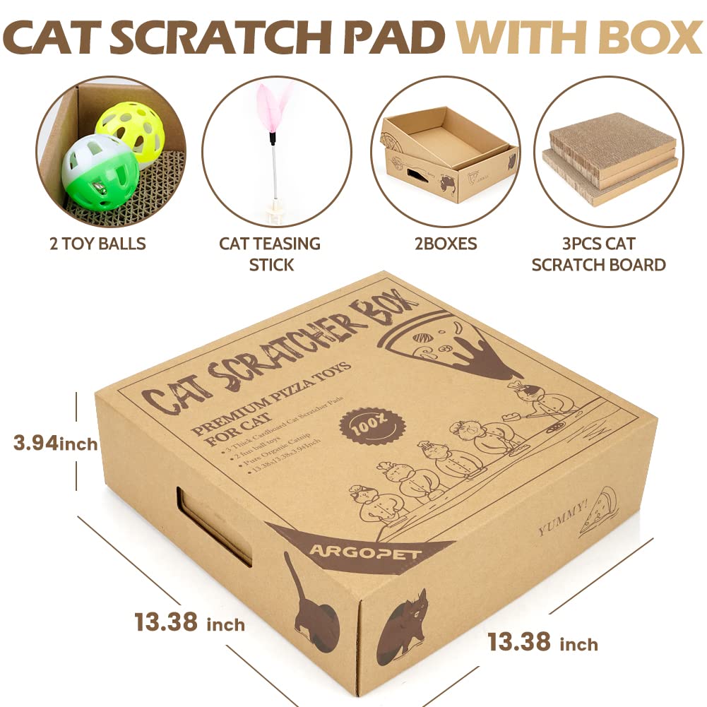 2 Pack Cat Scratcher Box With 3 Pcs Scratching Pads, Reversible Corrugated Cardboard Lounge Bed With Feather Toy And Balls Recyc