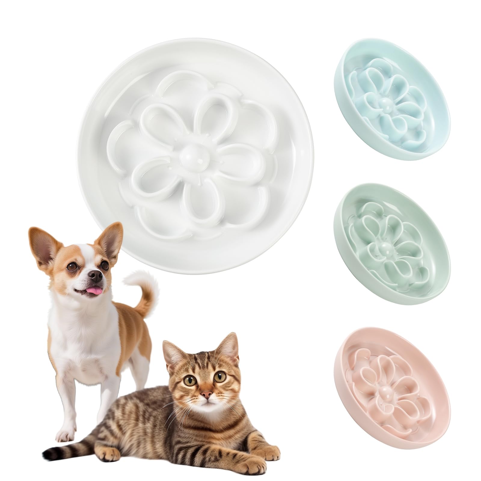Melamine Cat Slow Feeder Bowl - Floral Maze Cat Food Dish - Flat Plate for Dry & Wet Food - Cute Kitten Bowl - Dishwasher Safe -