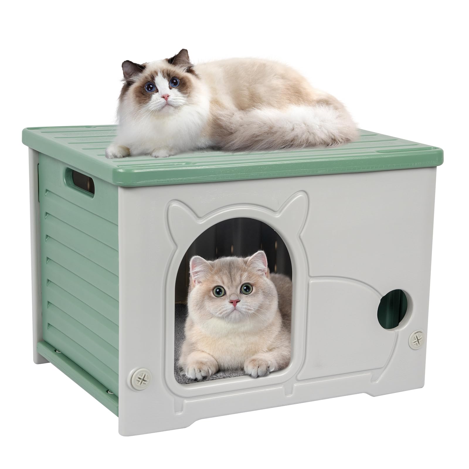 Plastic Cat House For Indoor Outdoor, Weatherproof Outside Cat House For Feral Cat, Stackable Cat Shelter With Plush Cushion (Gr
