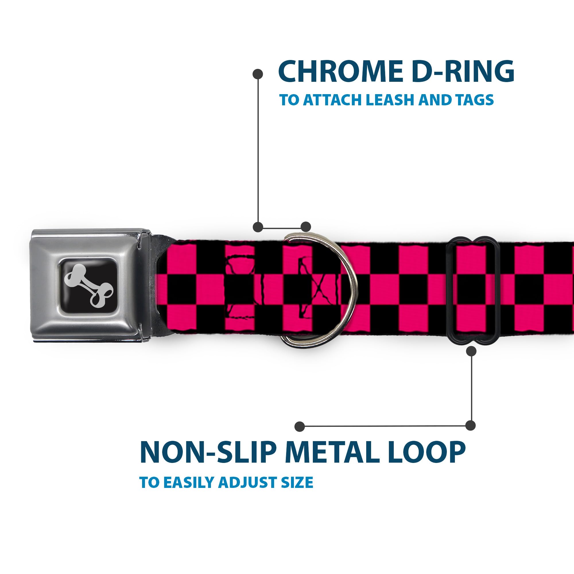 Buckle-Down Seatbelt Buckle Dog Collar - Checker Black/Neon Pink - 1' Wide - Fits 15-26' Neck - Large