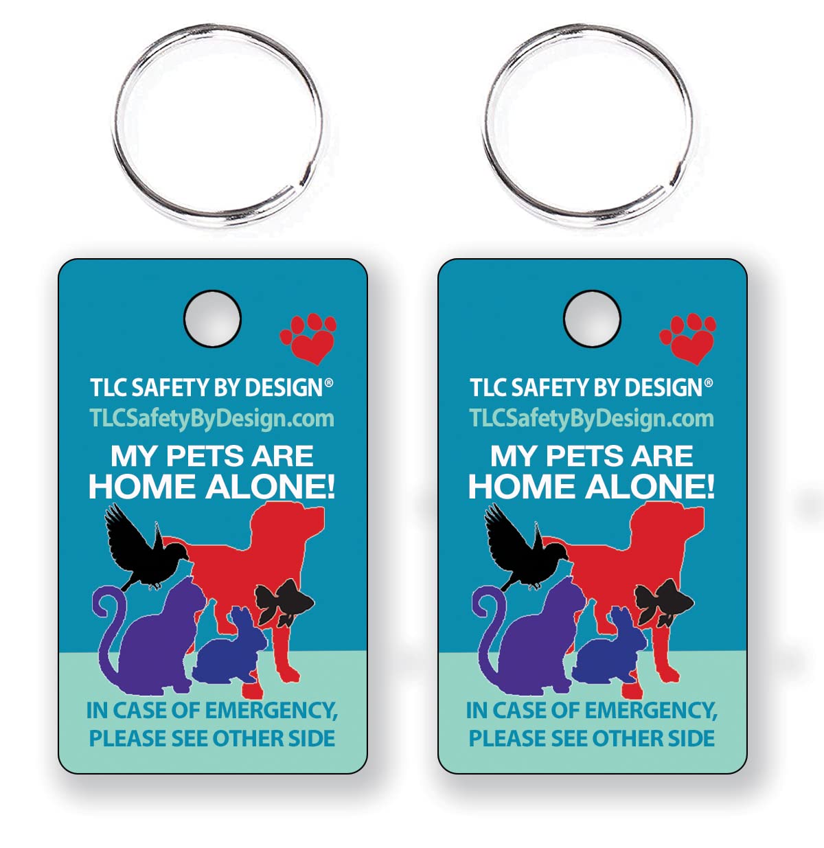 Tlc Safety By Design My Pets Dog Cat Are Home Alone Emergency Alert I.D. 2 Pk. Plastic Key Tags With Contact Call Card (Standard Set Of 2, Pets Home Alone Key Tag Set)