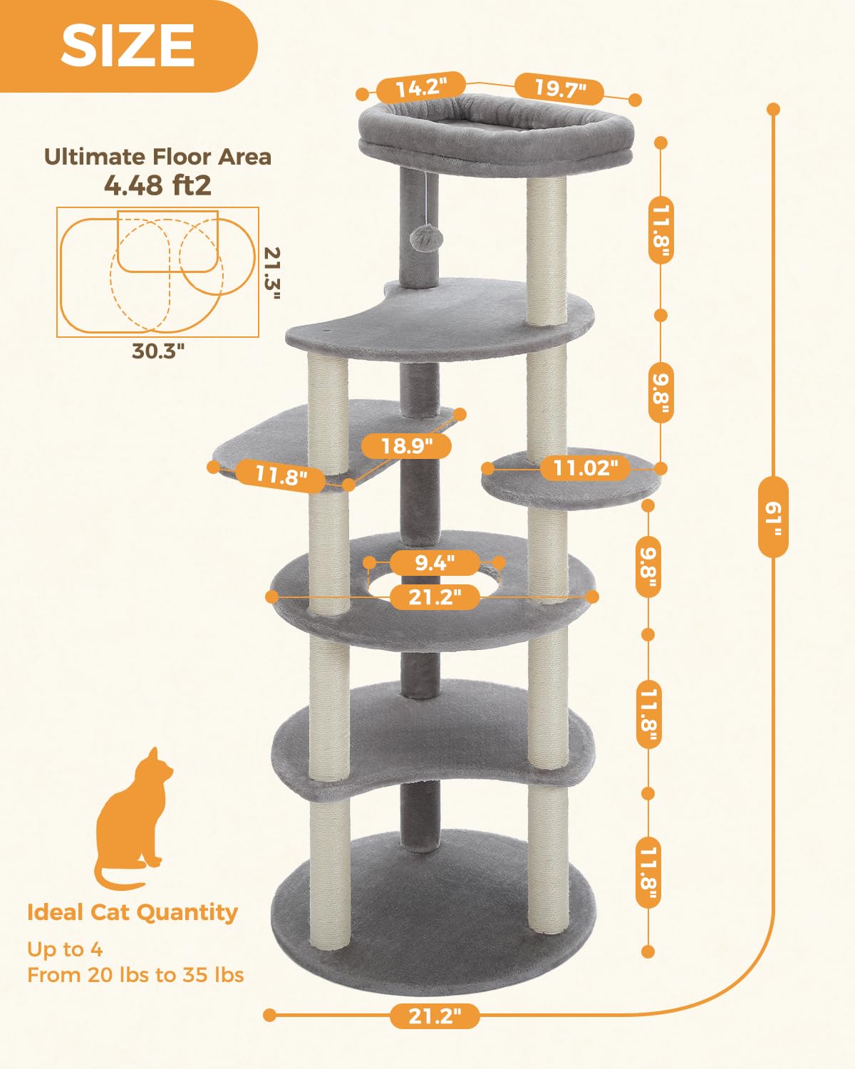 PETEPELA 61  Cat Tree for Indoor Cats, [6-Levels] Cat Climbing Tower with 9 Sisal Scratching Posts and Replaceable Dangling Ball
