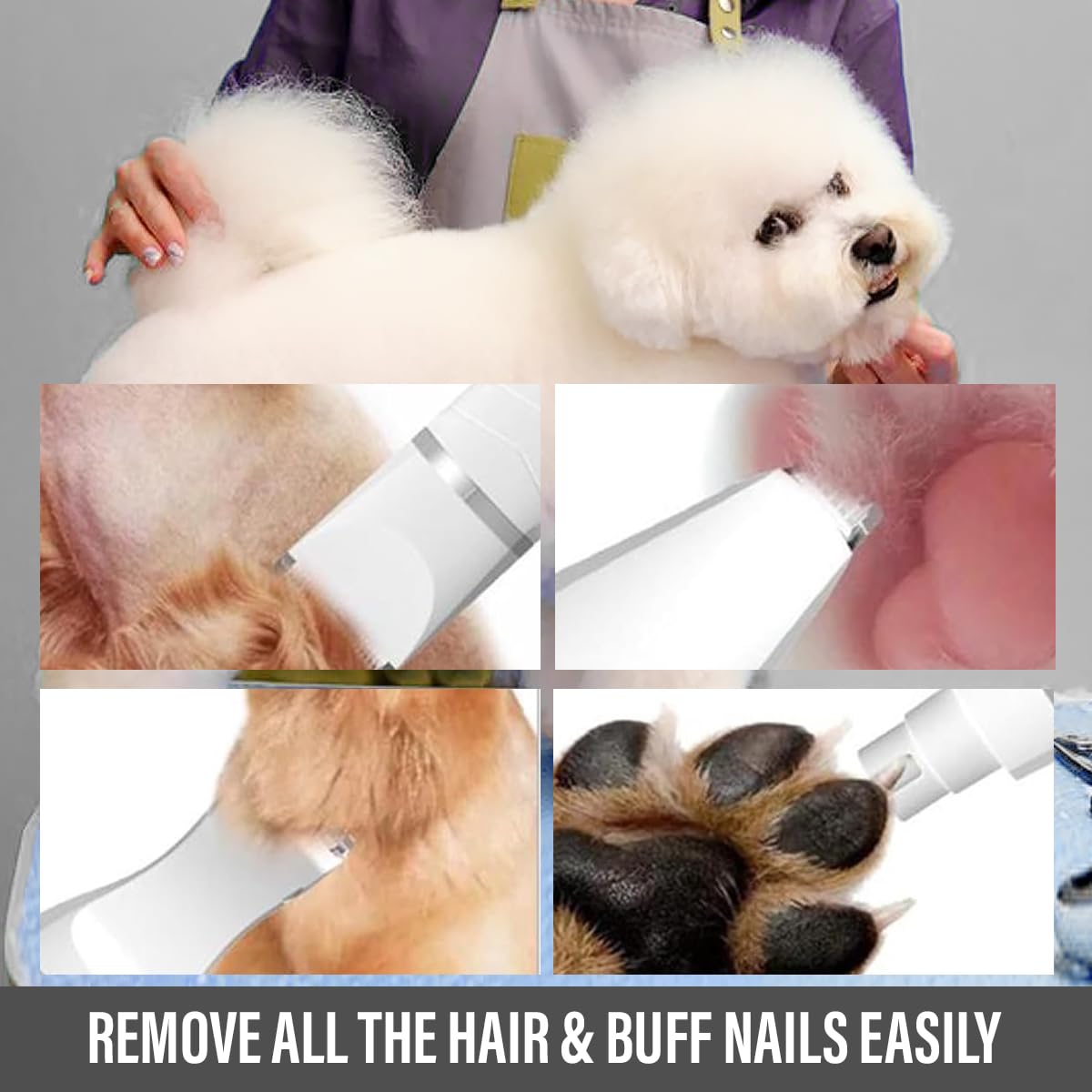 BougiePaw Dog Paw Trimmer Kit 4-in-1, Rechargeable, Low Noise, Cordless Clippers for Dogs & Cats, White, Model BP1