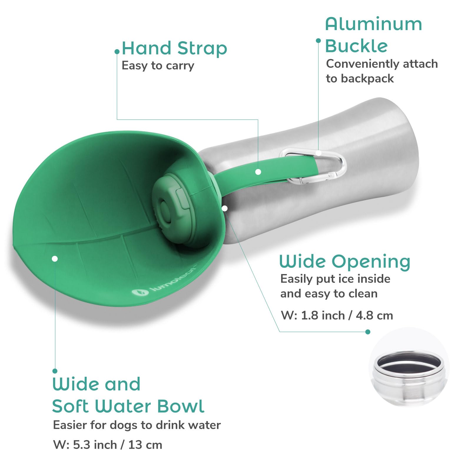 LumoLeaf Portable Dog Water Bottle 27oz - Stainless Steel Dispenser for Large Dogs, Green, Model LLDWB27B