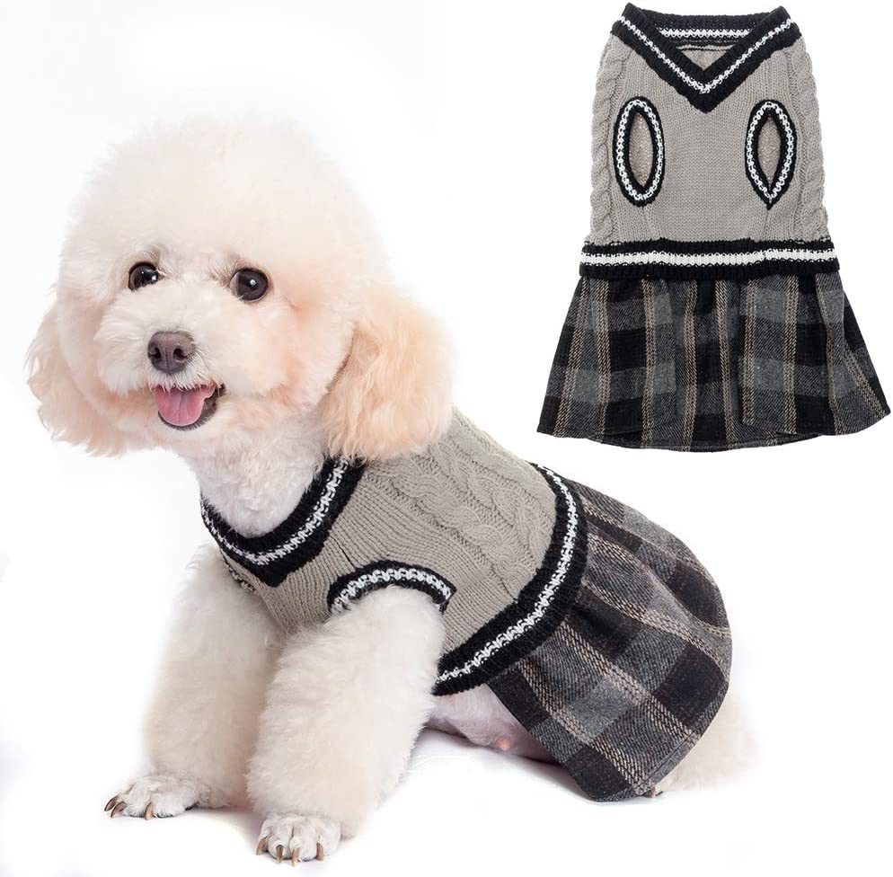 Bingpet Dog Sweater Dress - Plaid Pattern - Warm Pullover With Leash Hole V-Neck Knitwear Pet Sweater Cat Knitted Dress One-Piece Dress For Small To Medium Dog And Cat