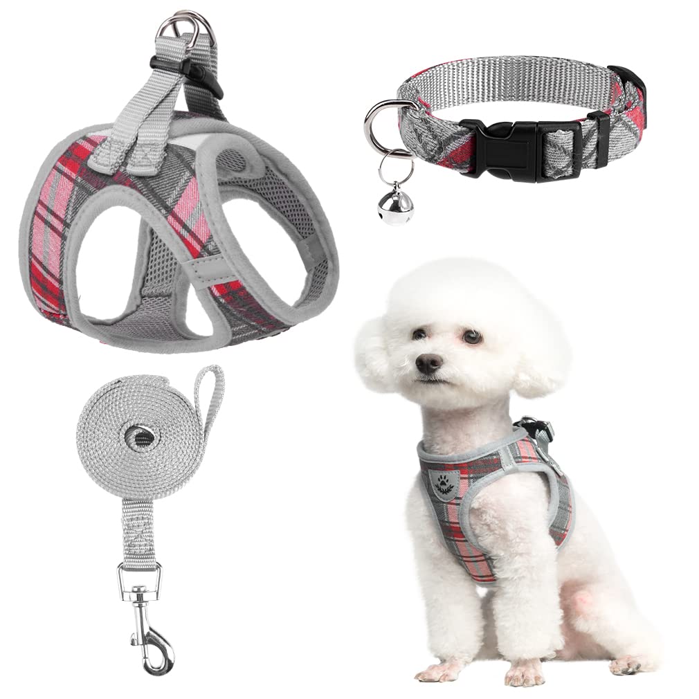 Expawlorer Classic Plaid Puppy Harness - Small Dog Collar And Leash - Soft Mesh Padded Adjustable Small Dog Vest Harness No Pull, Reflective Escape Proof For Outdoor Walking