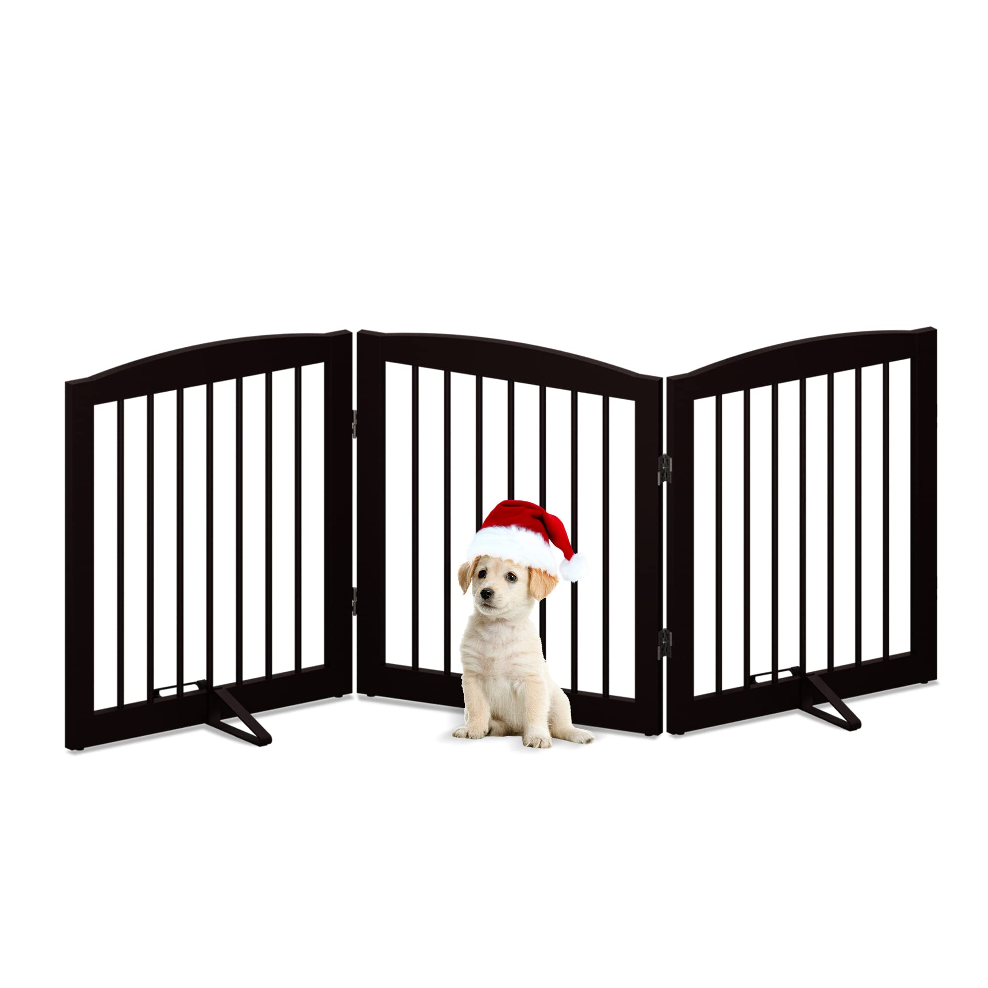 Pupetpo Freestanding Pet Gate For Dogs, Foldable Wooden Dog Gate For House, Indoor Dog Gate For Doorways, Stairs, Step Over Pet Puppy Safety Fence, Support Feet Included, 24' Height 3 Panels, Brown