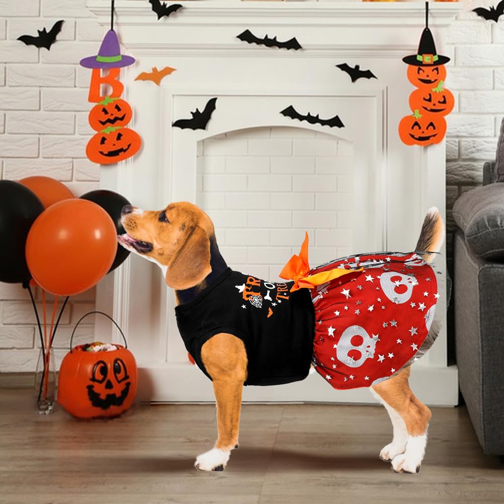 Funny Puppy Dress With Bow - Small & Large Dog Halloween Costumes, Pumpkin Witch Bat Pet Dress - X-Small, Trick Or Treat