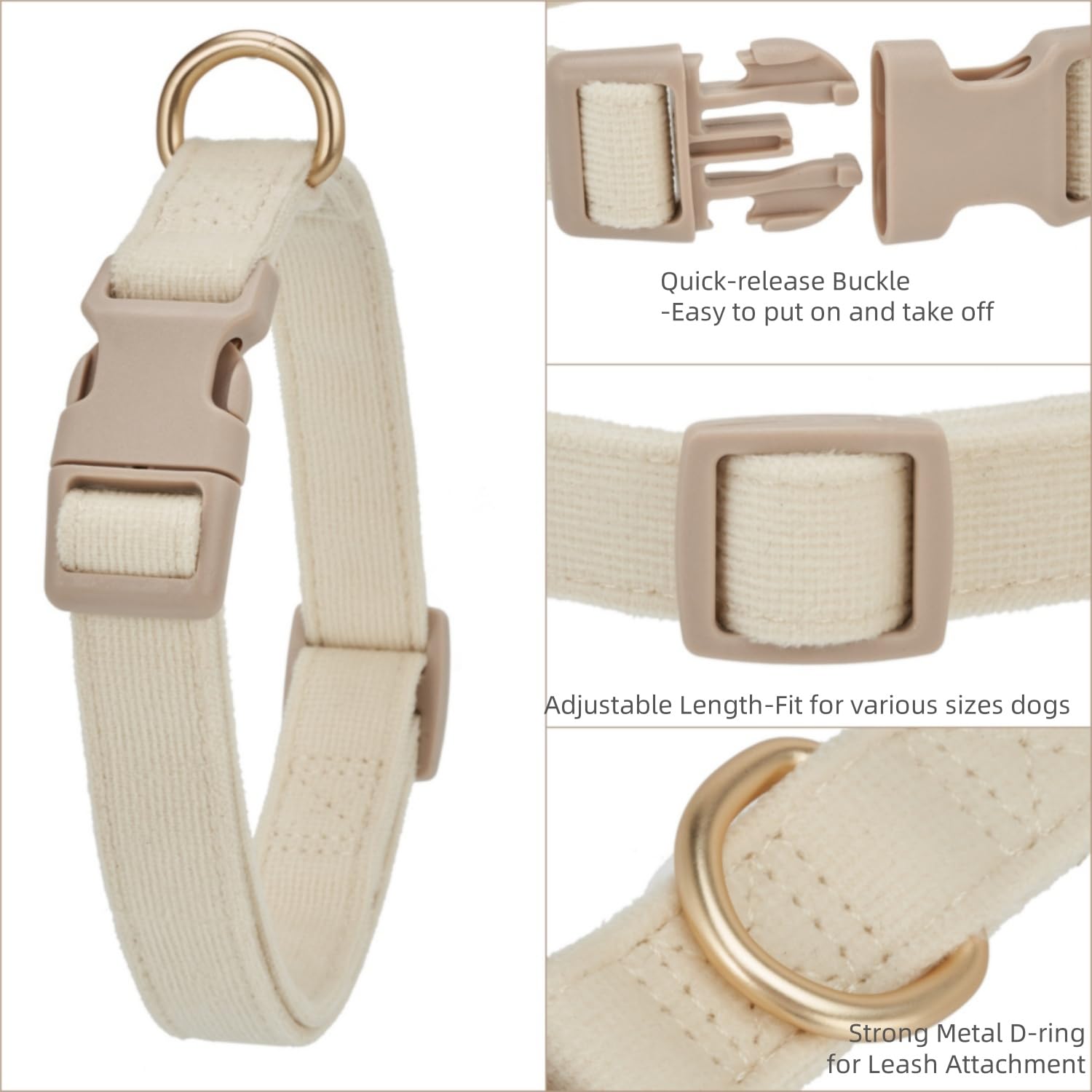 Petiry Soft Corduroy Fibric Dog Collar, Quick Side Release Buckle, for Large Dogs.(White,Large:17-26'')