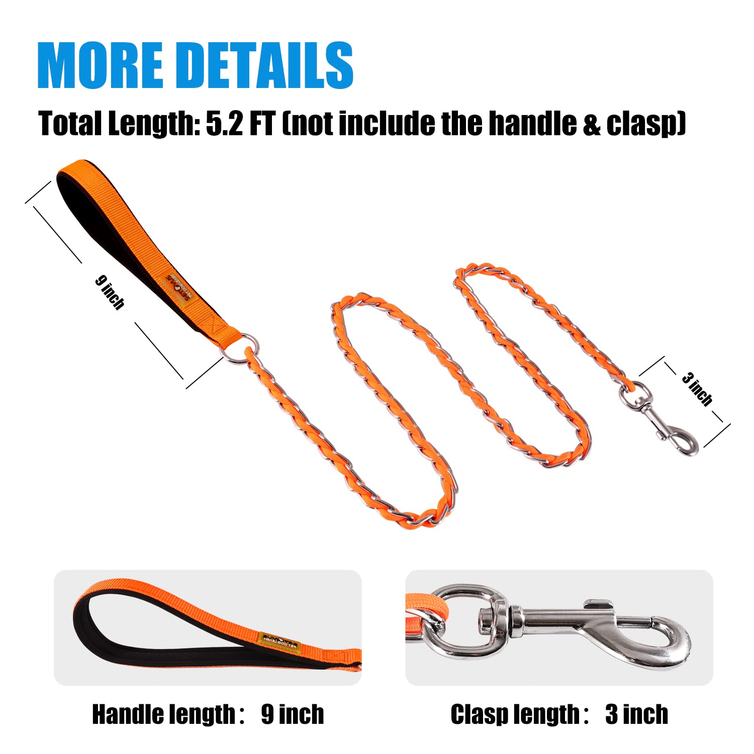Chew Proof Metal Leash For Medium Large Dogs, 5.2Ft Strong Anti Bite, Comfortable Soft Padded Handle Orange