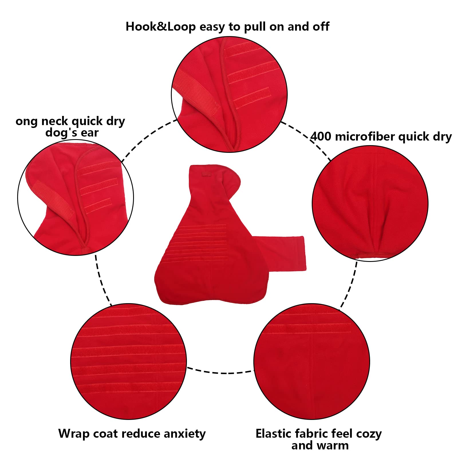 Dog Drying Coat Dressing Gown Towel Robe Pet Microfibre Super Absorbent Anxiety Relief Designed Puppy Fit For Small Medium Large Dogs - Red - S