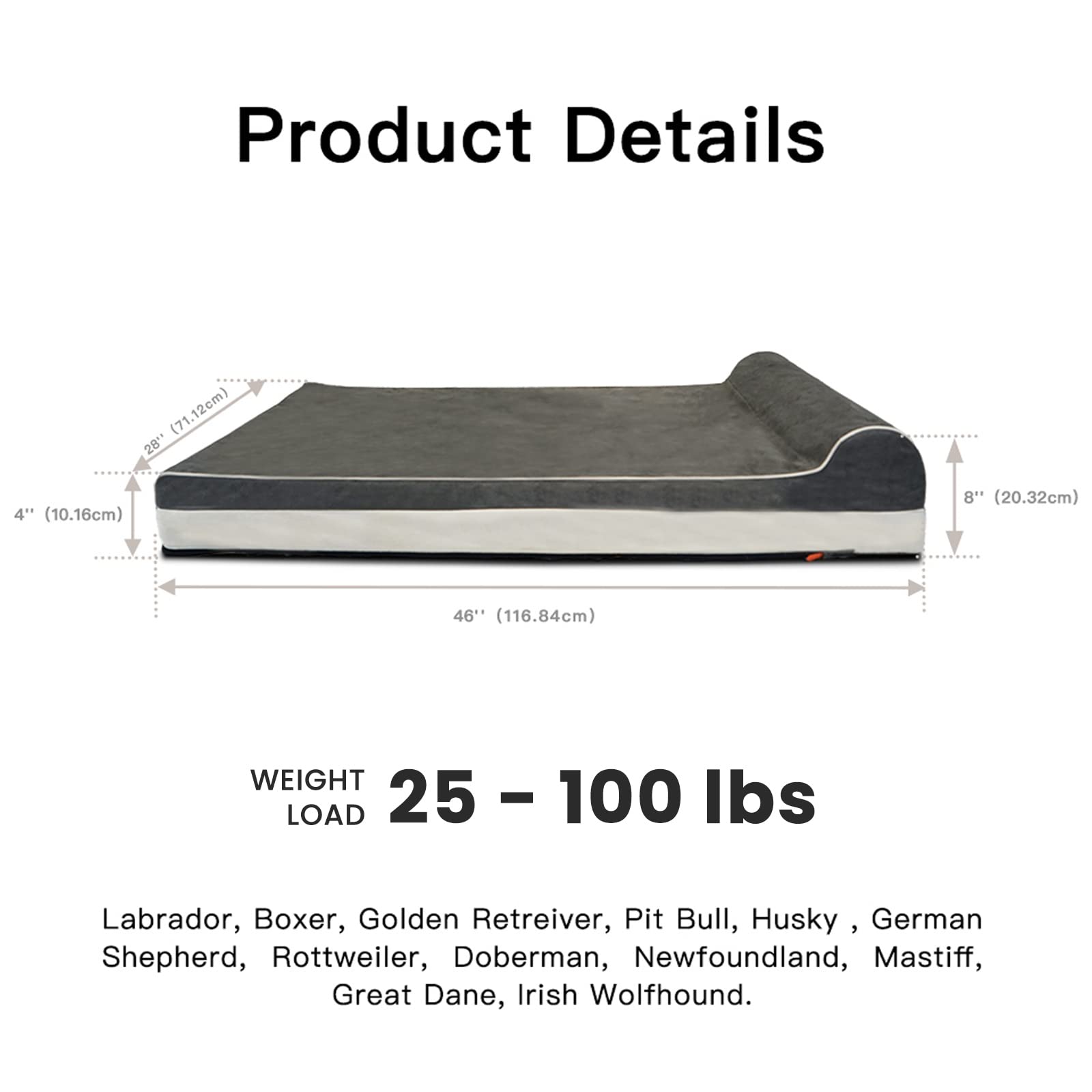 Laifug Orthopedic Memory Foam Dog Bed - Extra Large (46"x28"x8"), Slate Grey, Waterproof Liner, Removable Cover, Model UK-TWJJS-0309-193