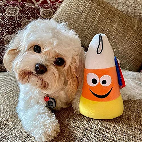 Huxley & Kent Plush Halloween Power Plush Dog Toy | Kookie Korn | 8 Inch | Squeaker | White, Orange, Yellow