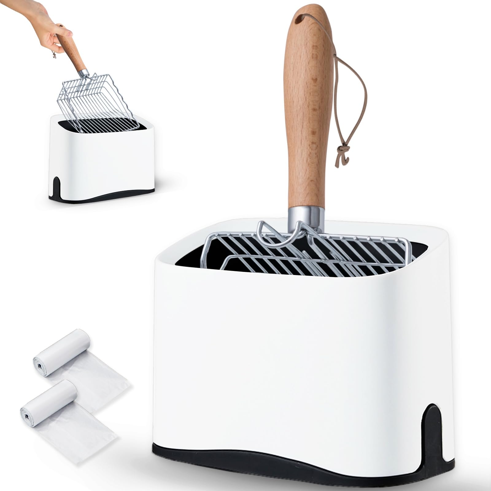 Armlulu Metal Cat Litter Scoop With Holder, Poop Scooper With Stand&2 Rolls Of Garbage Bag, Heavy Duty Stainless Steel Shovel Wi