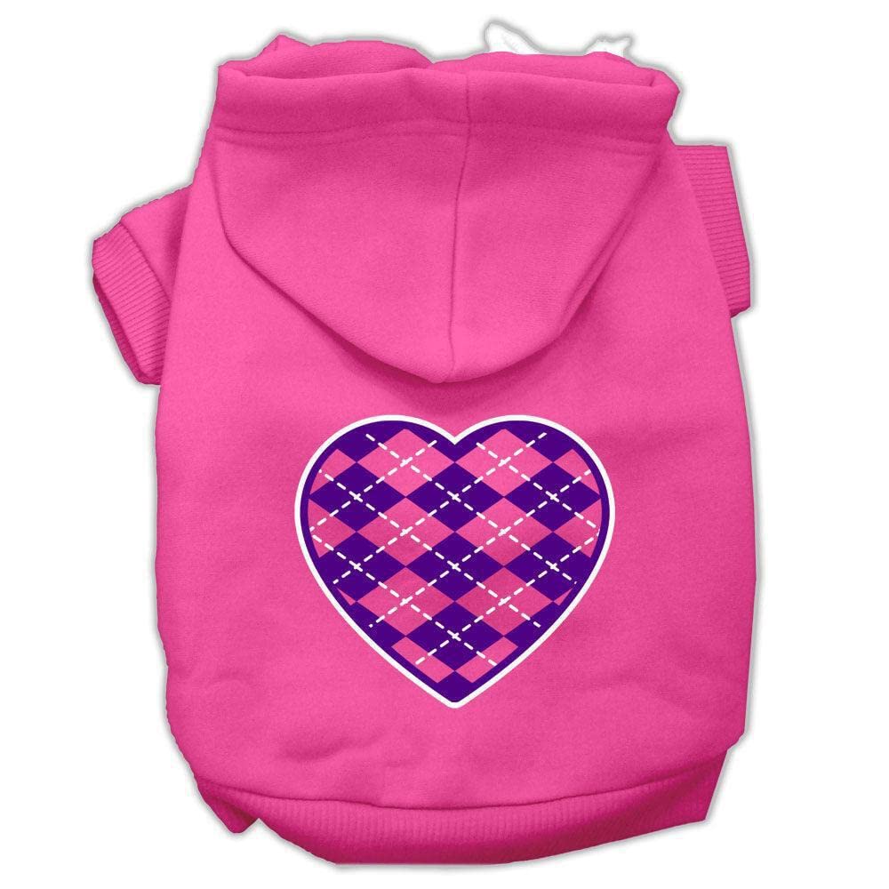 Pet Dog & Cat Hoodie Screen Printed, 'Purple Argyle Heart' Light Pink Xs (0-3 Lbs.)