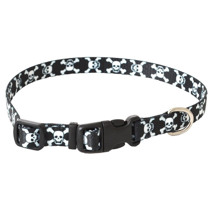 Coastal Pet Styles Adjustable Dog Collar - Stylish Patterned Fabrics - Snap-Lock Buckle - Adjustable Dog Collar - For Small, Medium Or Large Dogs - Black Skulls - 3/8' X 08'-12'