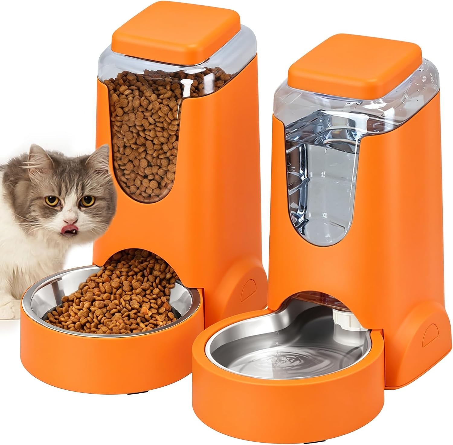 Automatic Cat Feeder & Water Dispenser Set, Steel Bowls, 1 Gallon