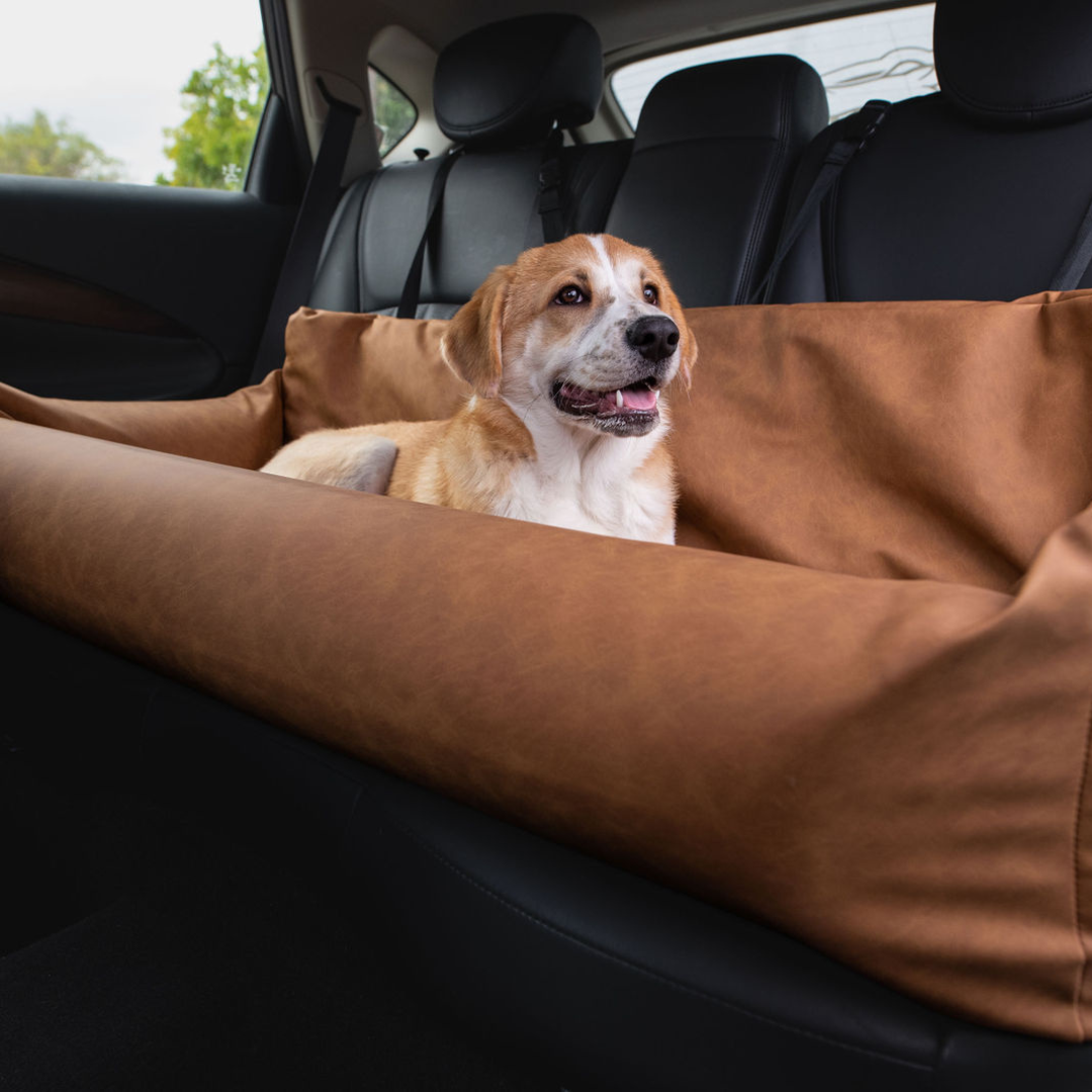 PupProtector™ Faux Cool-to-Touch Vegan Leather Memory Foam Dog Car Bed - Camel