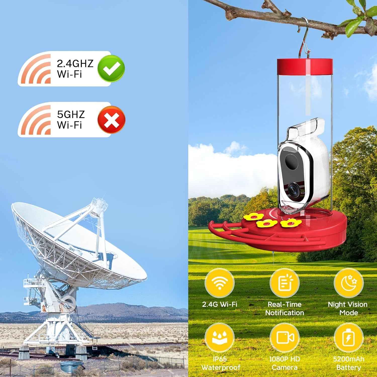 Solar WiFi Hummingbird Feeder Camera with AI Bird ID, 20 oz
