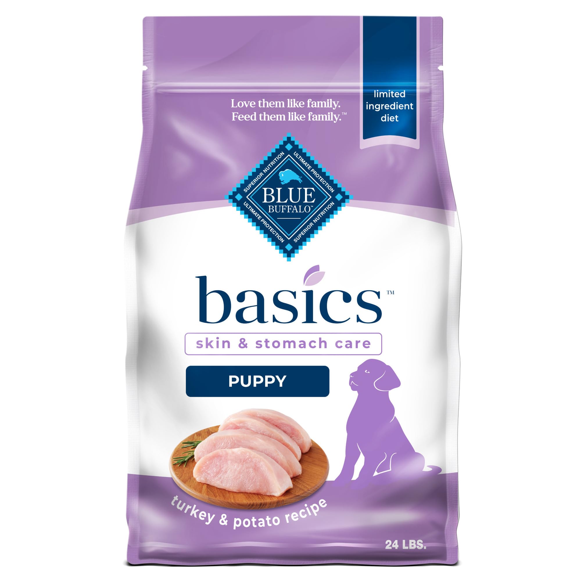 Blue Buffalo Basics Dry Dog Food for Puppies, Skin & Stomach Care, Limited Ingredient Diet for Dogs, Turkey Recipe, 24-lb. Bag