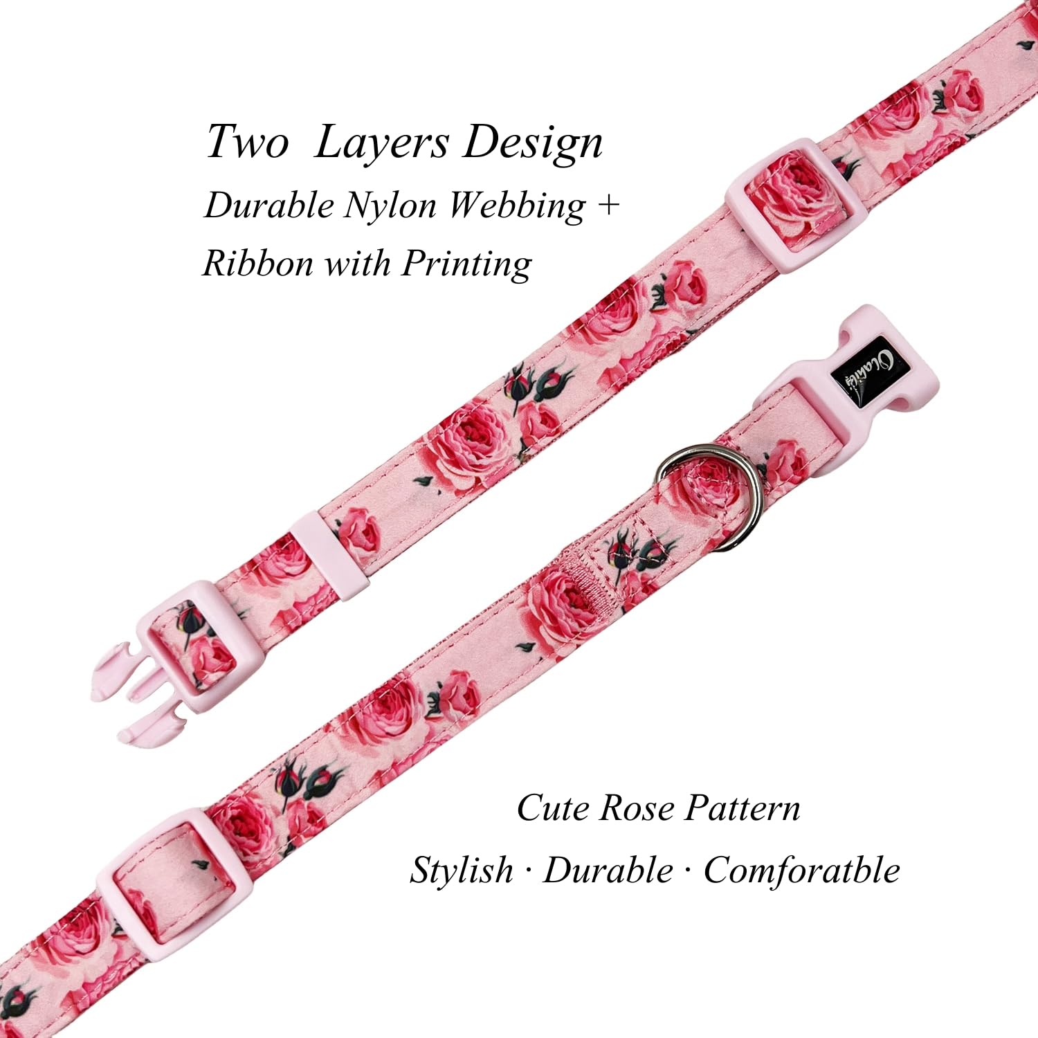 Olahibi Dog Collar Leash Set, Floral Pattern, Nylon Webbing Plus Cotton Ribbon, 5Ft Matching Leash, For Medium Dogs.(M, Pink Ros