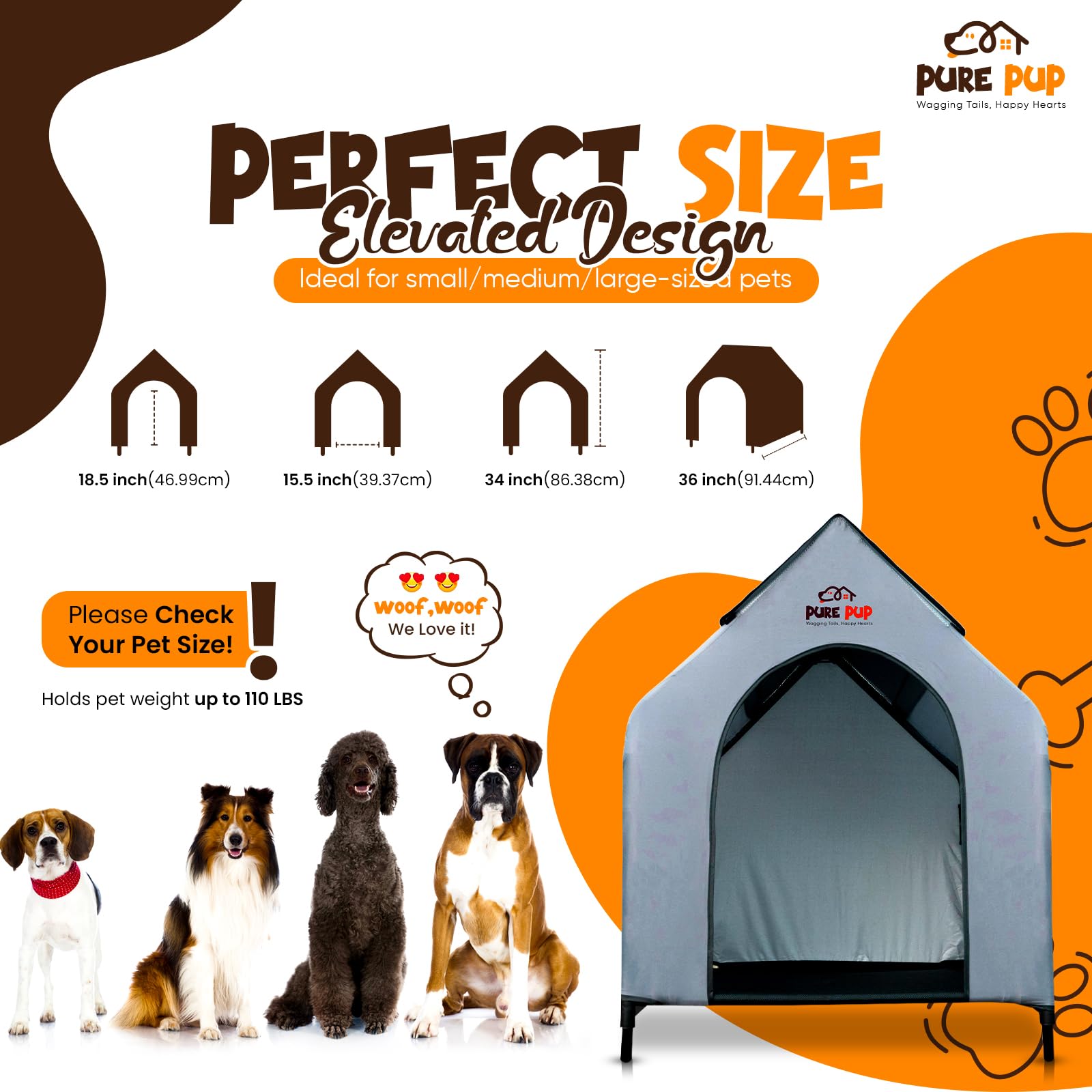 Pure Pup Outdoor Dog House With Elevated Bed, Weatherproof Canopy, Breathable Mesh Fabric With Windows - Ideal Shelter For Breed