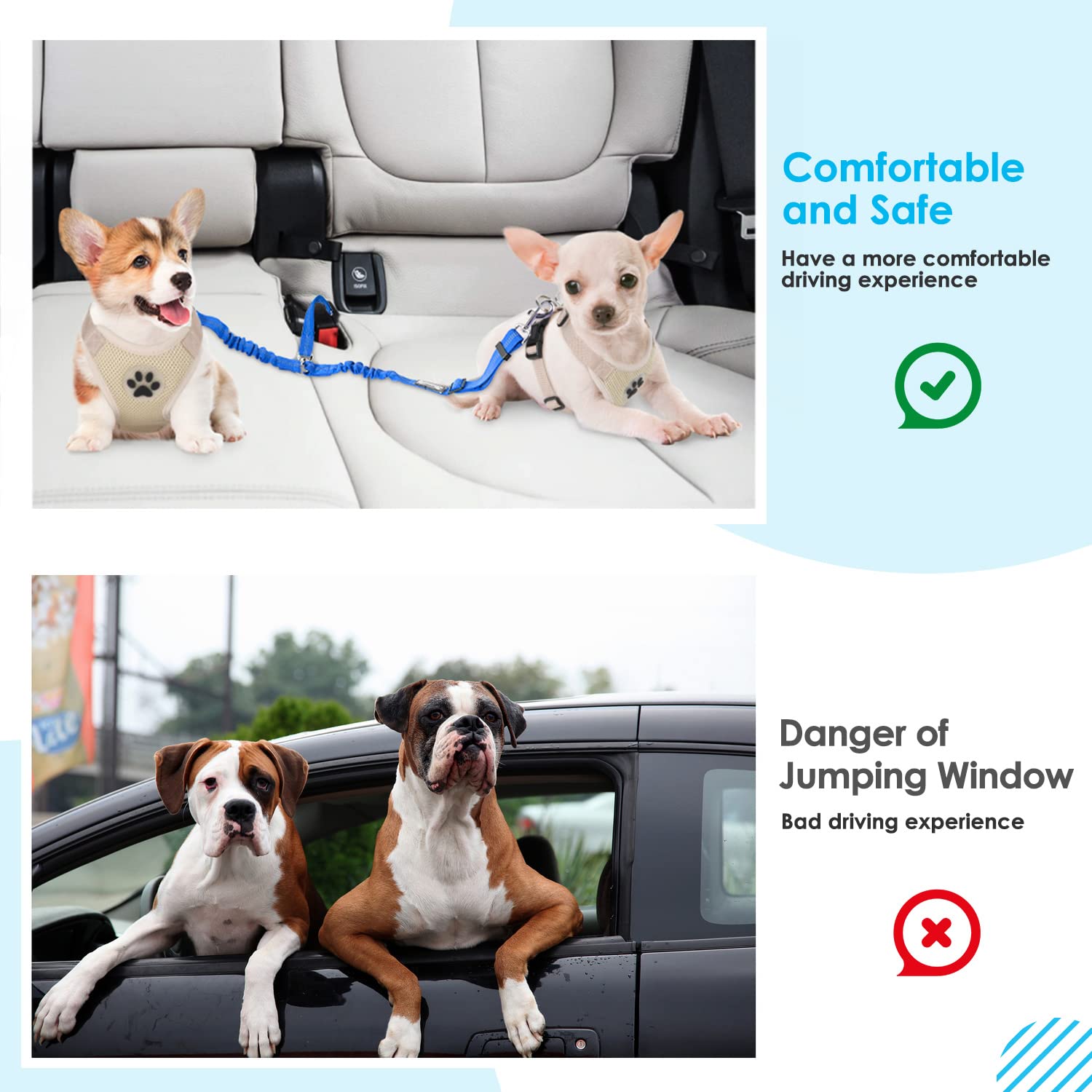 Slowton Dog Seat Belt, Double Dog Seatbelt Adjustable Vehicle Safety Leash With Elastic Bungee Buffer, Reflective No Tangle Y Shape Two Dog Harness Seat Belt Splitter For Pets Car Trip (Light Blue, S)
