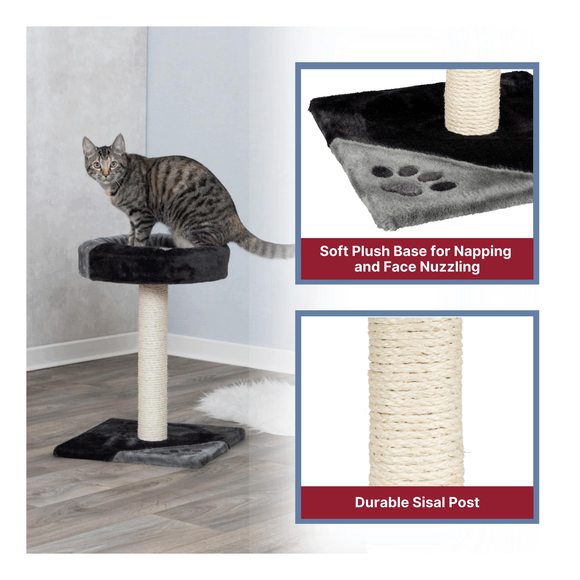 Trixie Tarifa Cat Scratching Post 20.5 Inch - Cat Scratcher With Soft Fabric Covering Base And Durable Sisal Rope - With Padded Platform - In Gray/Black