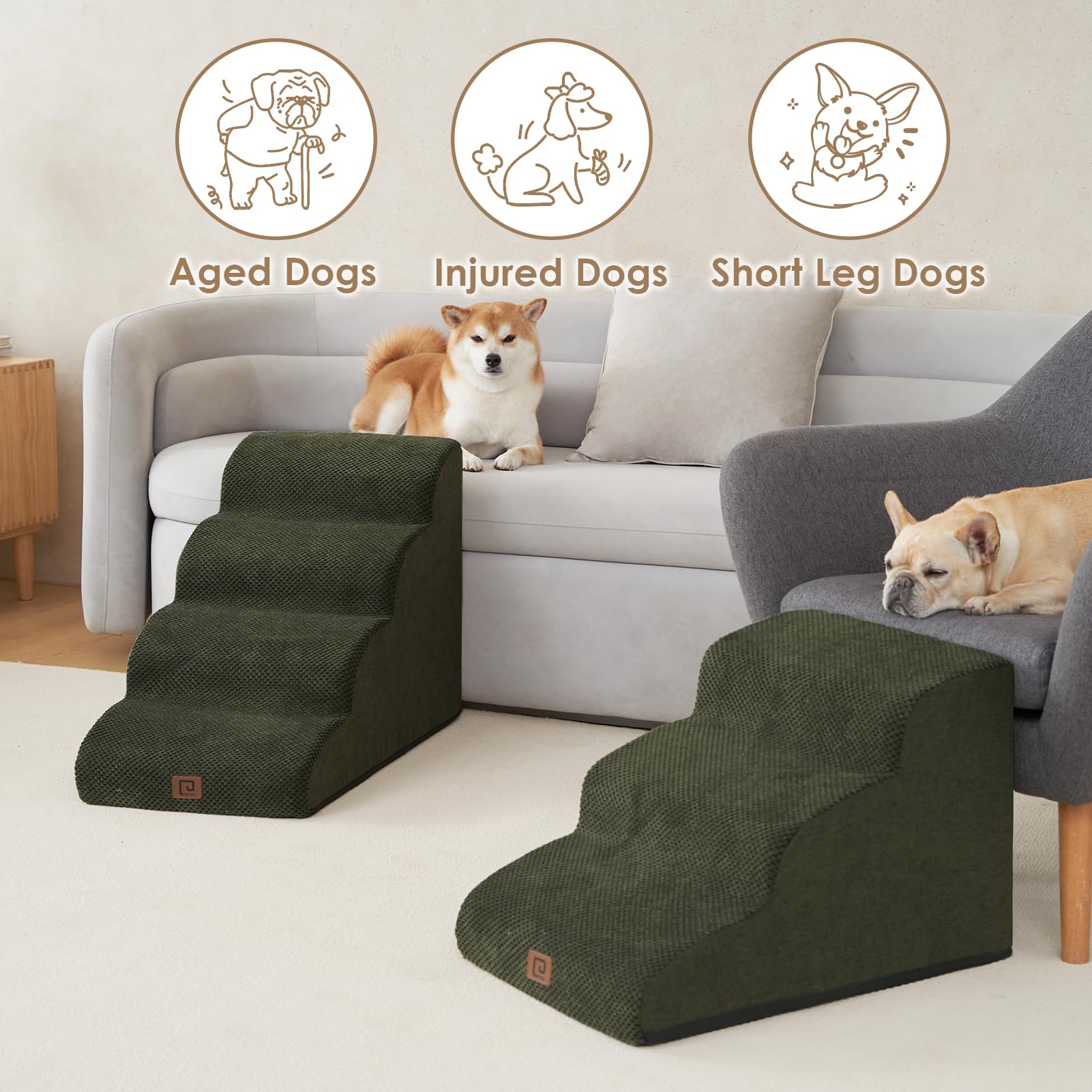 Eheyciga Curved Dog Stairs Ramp For High Beds 19.7' H, 4-Step Dog Steps For Small Dogs And Cats, Pet Stairs For High Bed Climbing, Non-Slip Balanced Pet Step Indoor, Olive Green