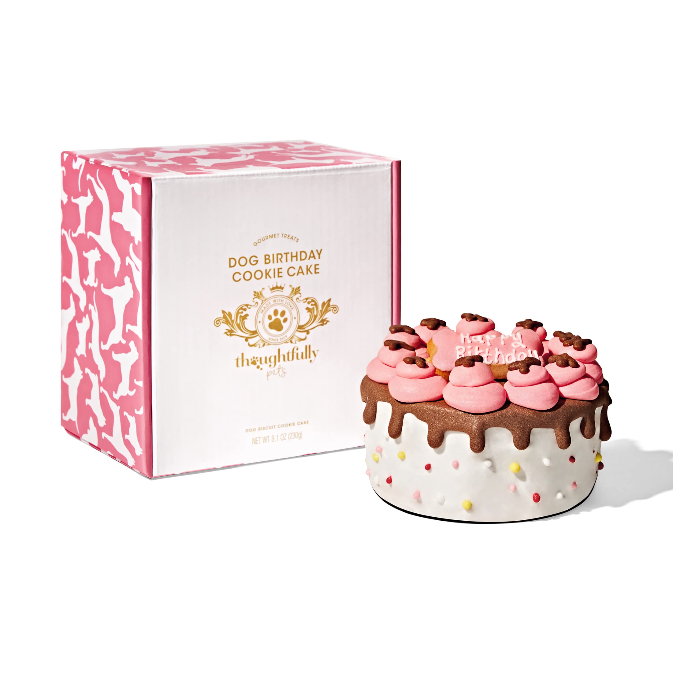 Thoughtfully Pets, Pink Dog Happy Birthday Mini Cookie Cake, Pink, Peanut Butter Flavored, Hand Decorated Hollow Biscuit Cake fo
