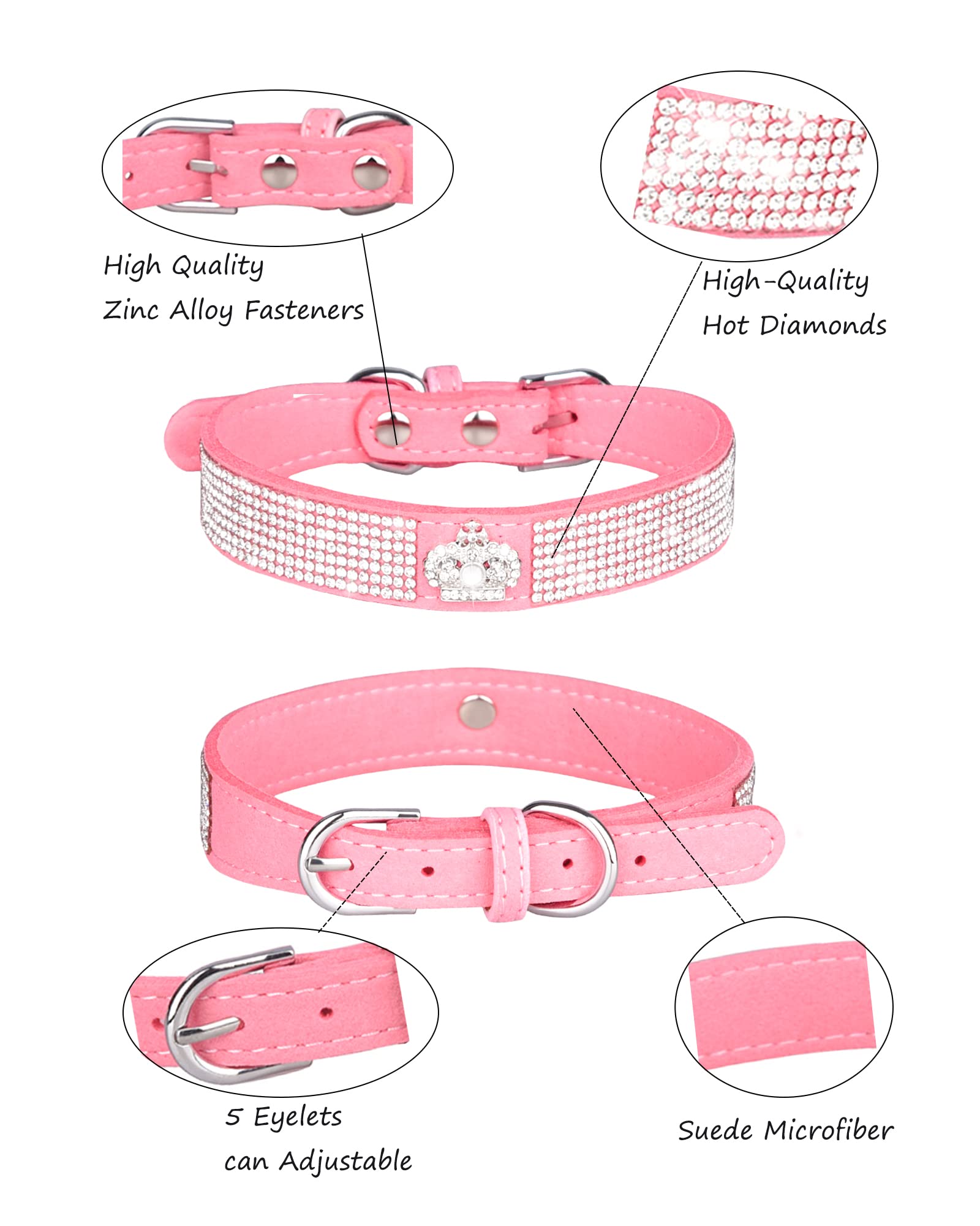 Dog Collar For Small Dogs, Adjustable Leather Suede Bling Dog Collars,Pink Dog Collar Cat Collar, Rhinestone Dog Collar (S, Pink