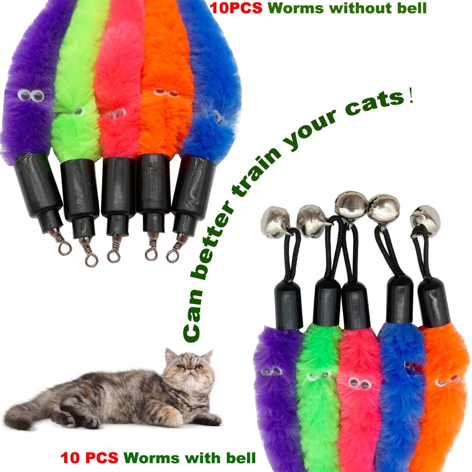 CATENESS Cat Worm Toy Refills, 20 Pieces Cat Wand Attachments Worms Toy for Indoor Cats (B)