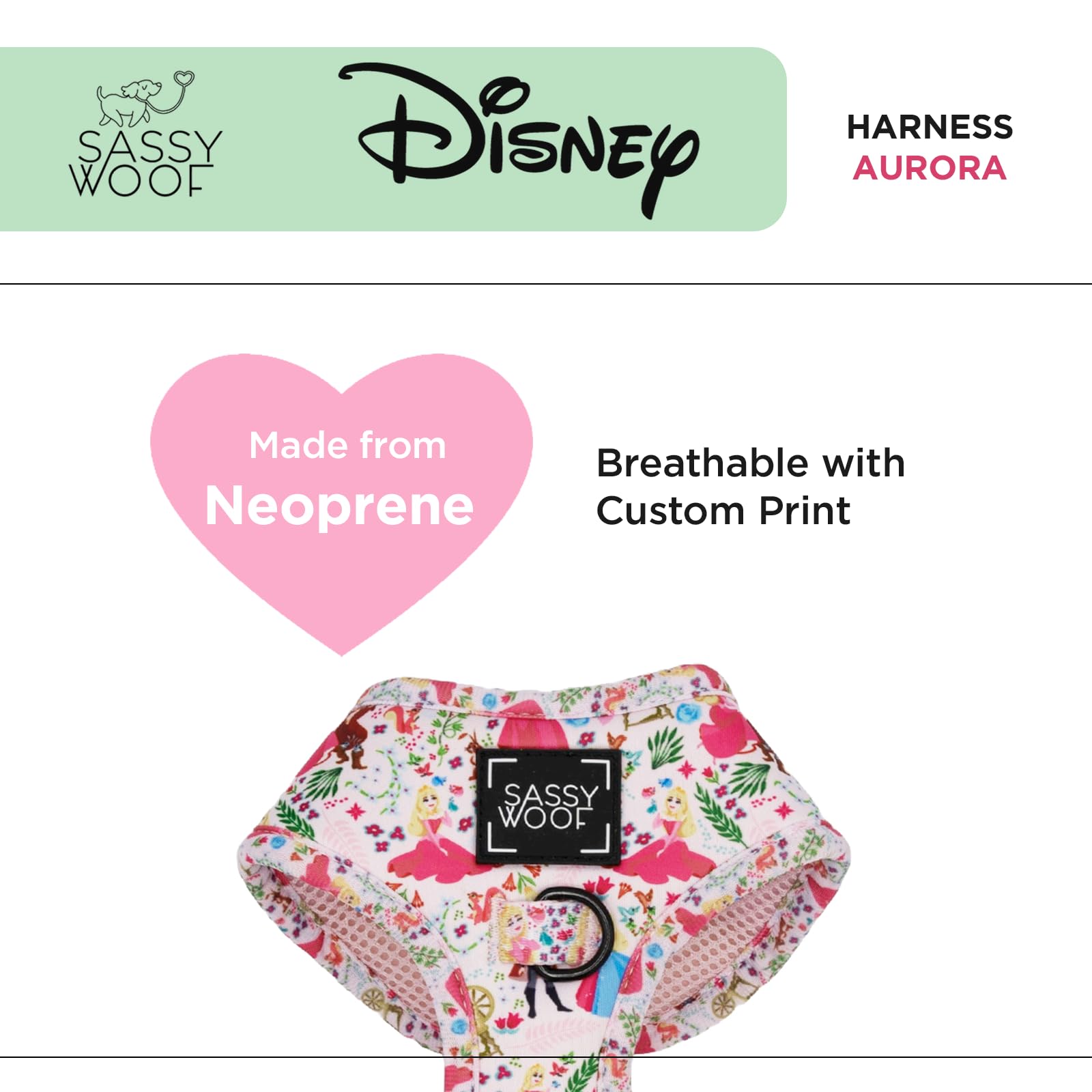 Sassy Woof Dog Adjustable Harness - Disney Princess Sleeping Beauty Aurora - M, Breathable Mesh, No Pull Design With Two D-Rings