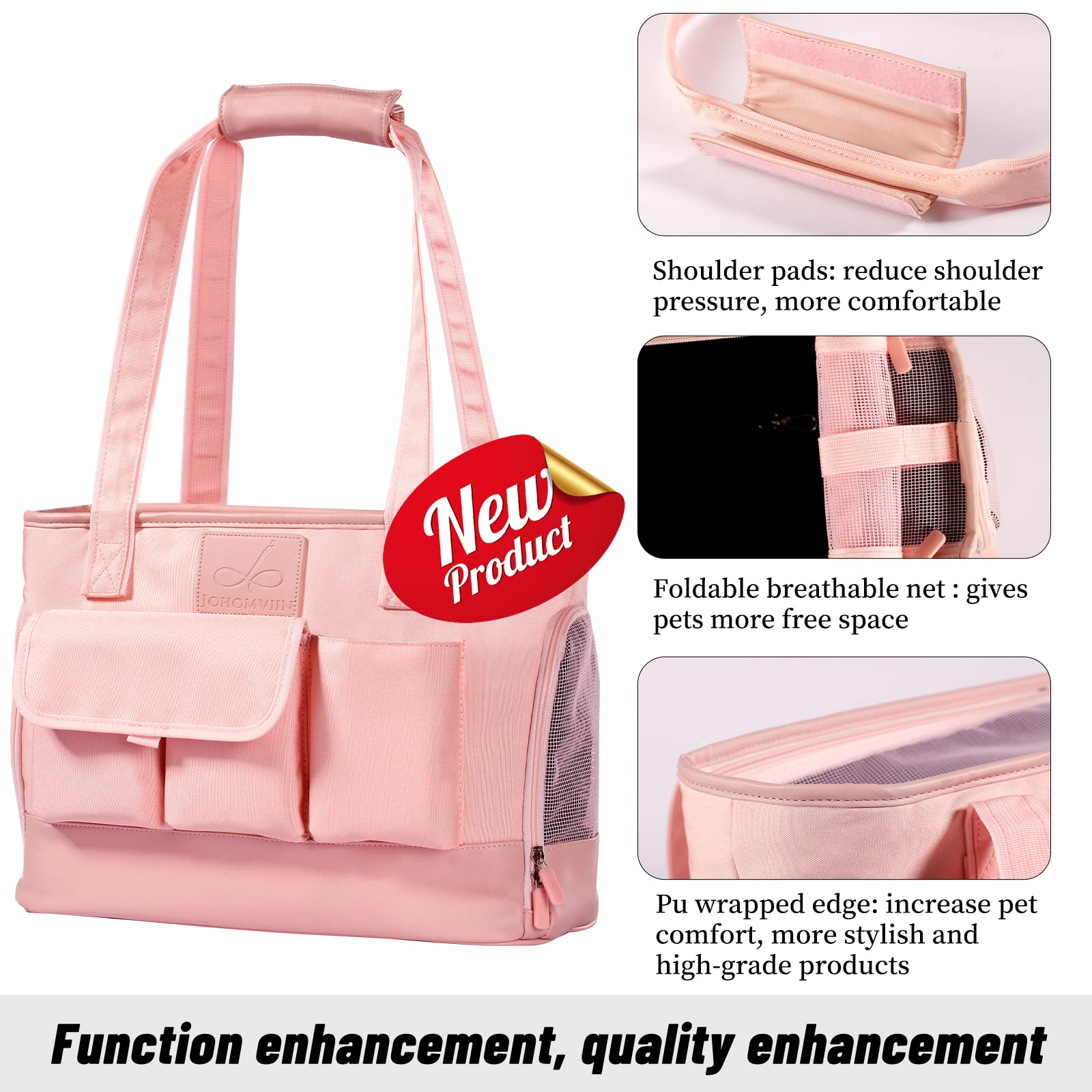 Johomviin Dog Carrier, Cat Carrier, Pet Carrier, Foldable Waterproof Premium Pu Leather Oxford Cloth Dog Purse, Portable Tote Bag Carrier For Small To Medium Cats And Small Dogs (Pink)