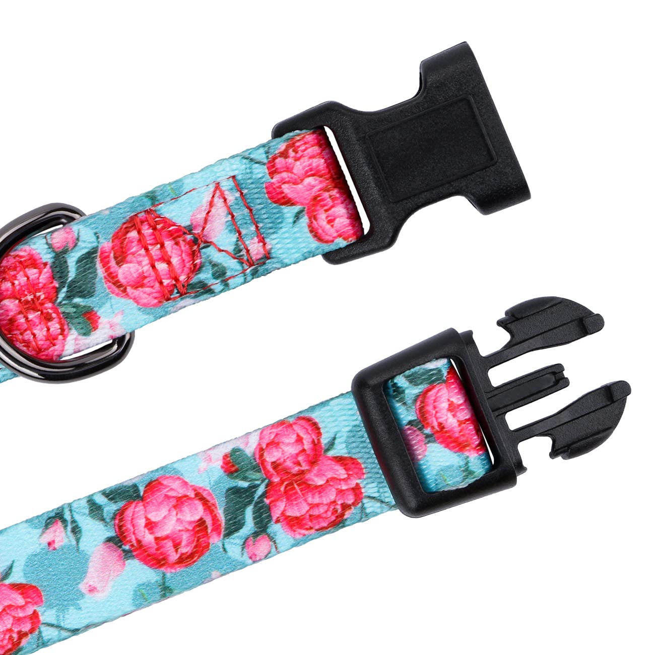 Rhea Rose Girl Dog Collars Summer Floral Rose Print, Female Flower Collar, Turquoise, Large