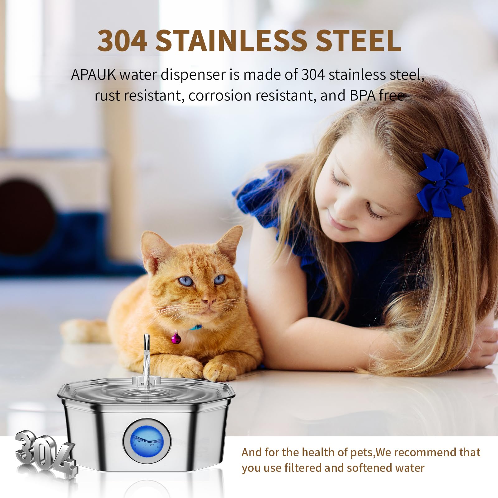 Cat Water Fountain Stainless Steel 108Oz/3.2L, Apauk Automatic Pet Fountain Dog Water Dispenser With Water Level Window, Quiet C